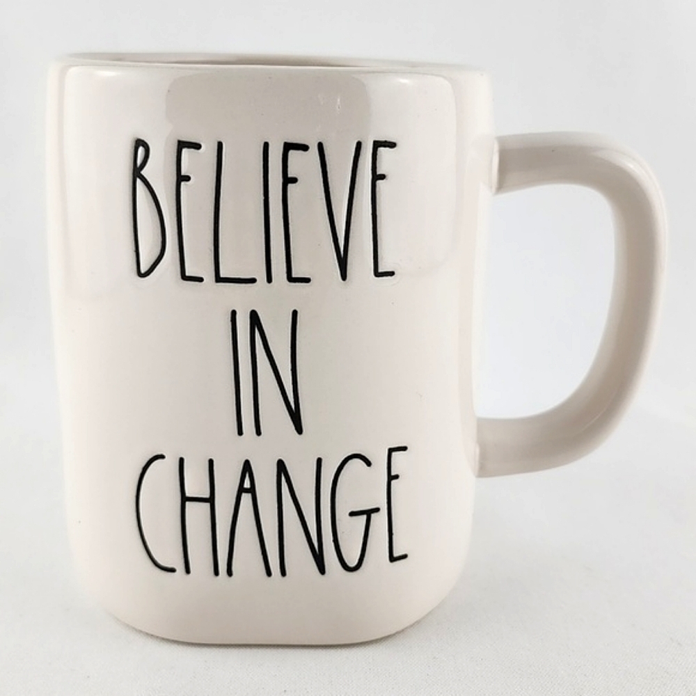RAE DUNN Artisan Collection White Mug Black Large Letters BELIEVE IN CHANGE